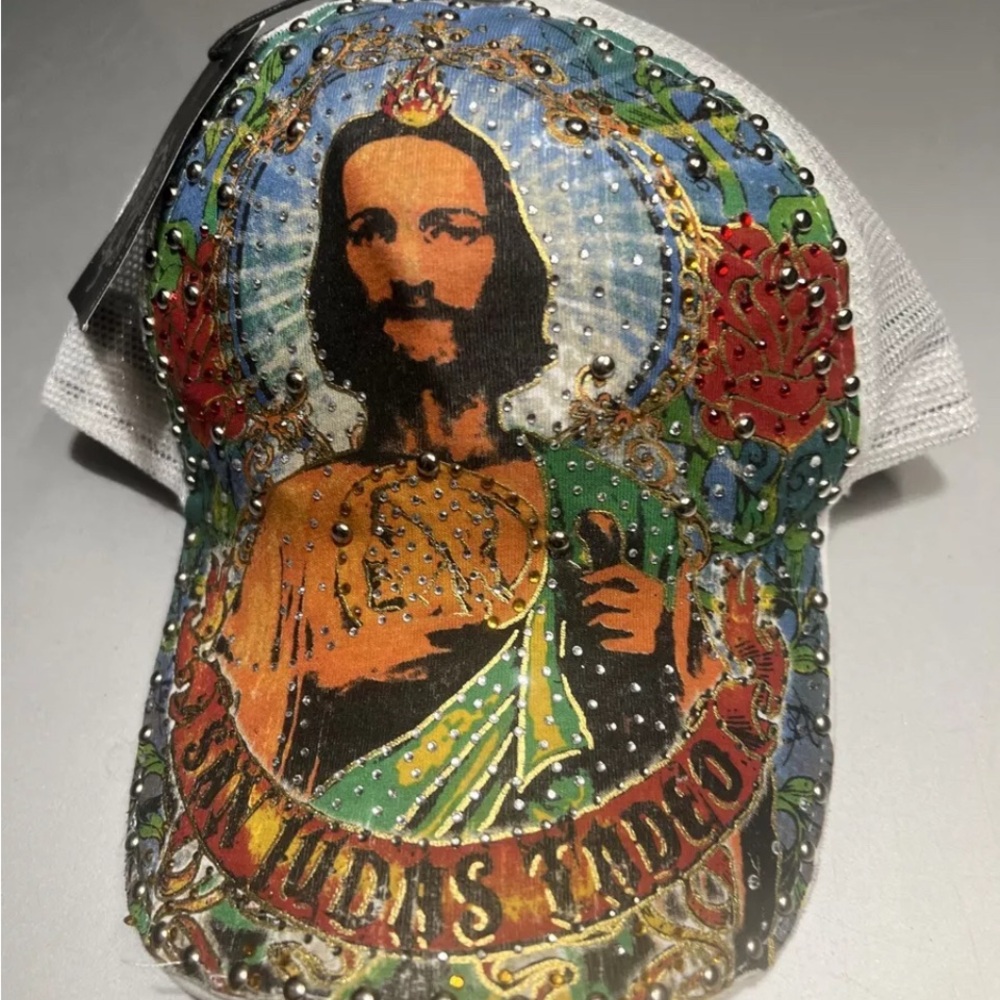 Four 41 Jesus Hat Cap Snapback White Studded Stones Trucker Y2K One Size